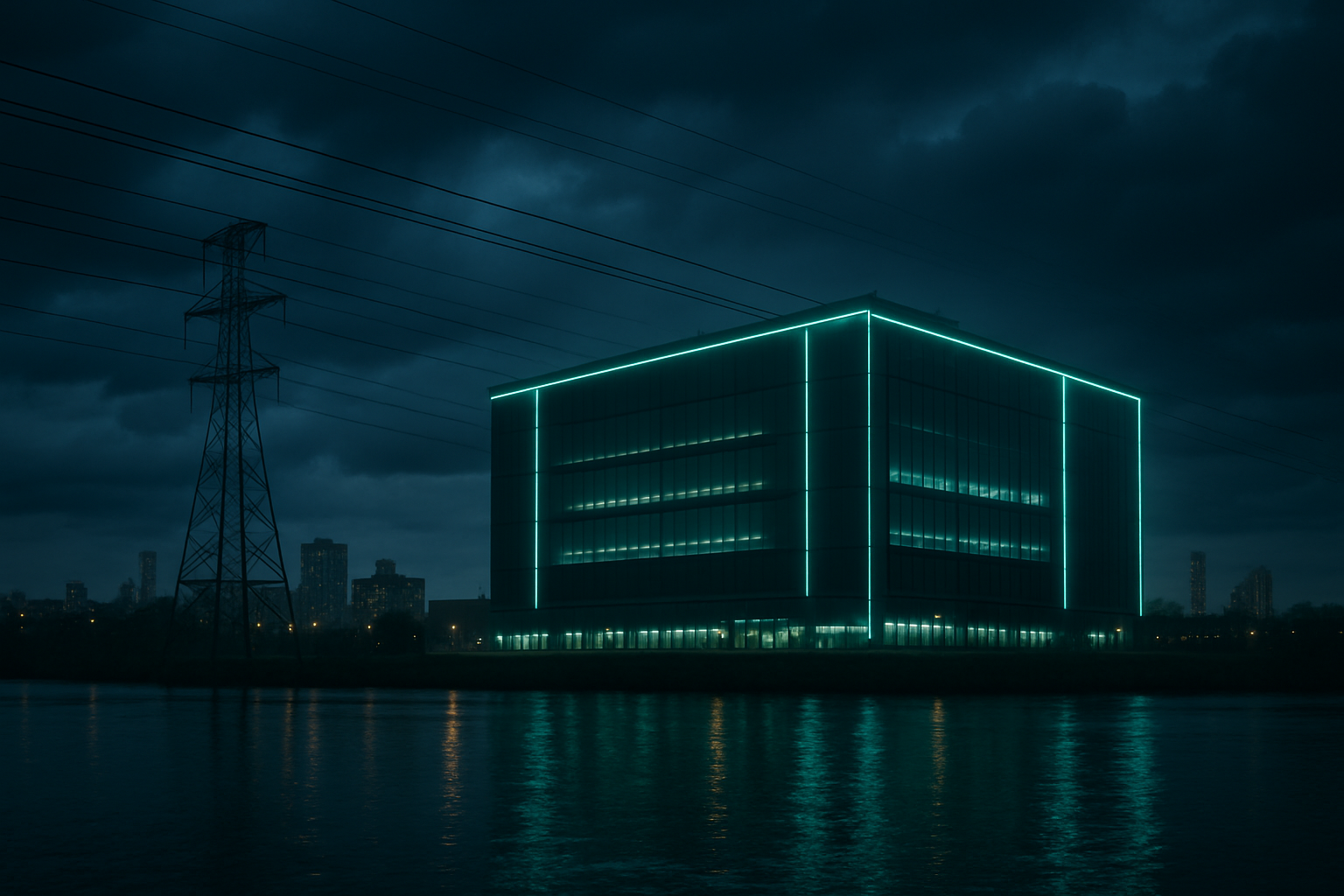 Data center e linhas de transmissão à noite
