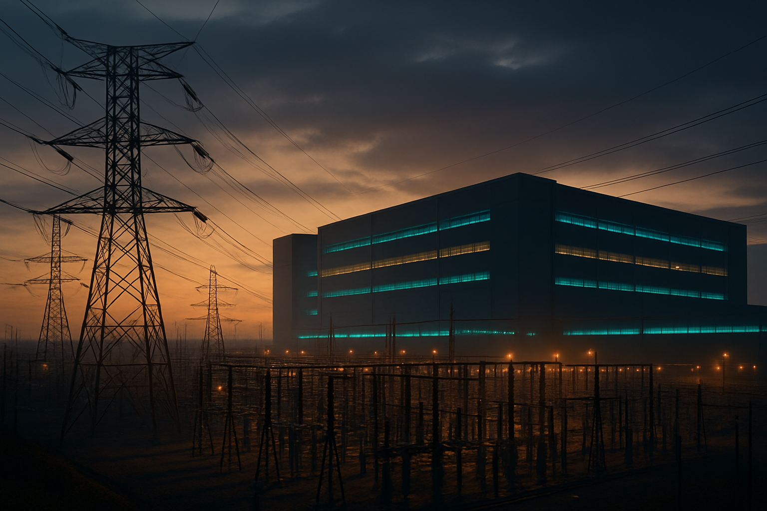 Subestação de energia e data center ao amanhecer