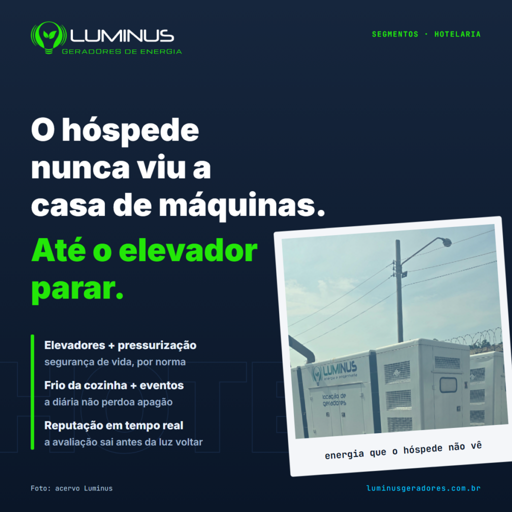 Gerador para hotel: o hóspede nunca viu a casa de máquinas — até o elevador parar
